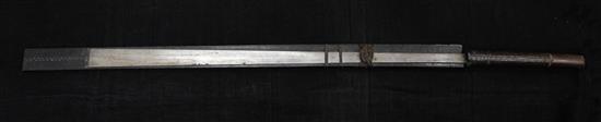 A Naga Dao sword and hardwood scabbard, Assam. 19th century, total length 114.5cm (45in.)